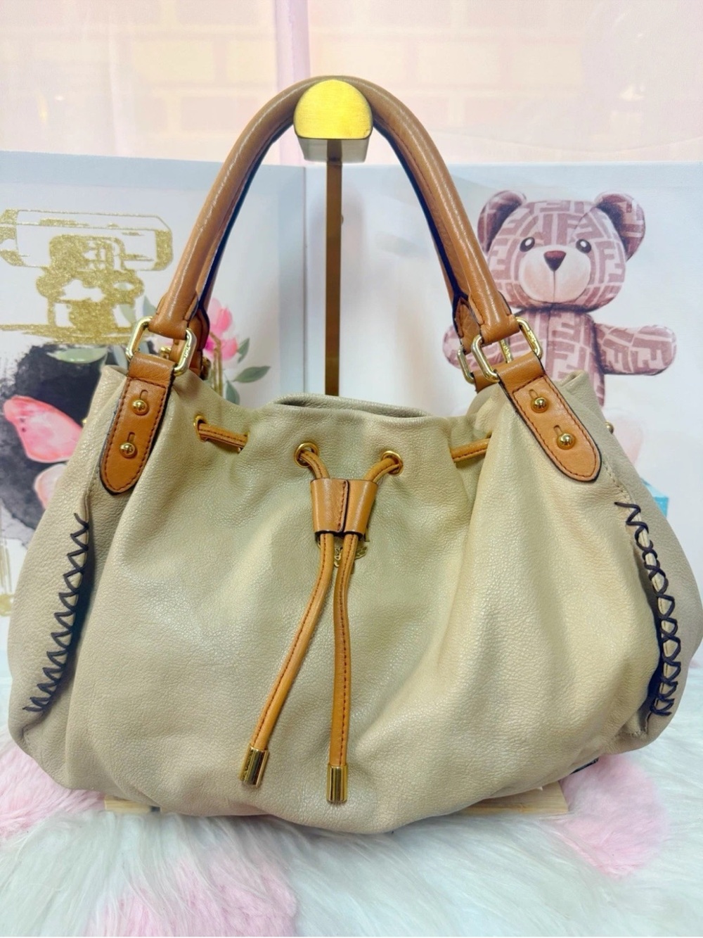 MCM Beige Drawstring Leather Tote Bag with Tan Trim